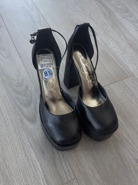 Black Platform Ankle-Strap Block Heel Pumps